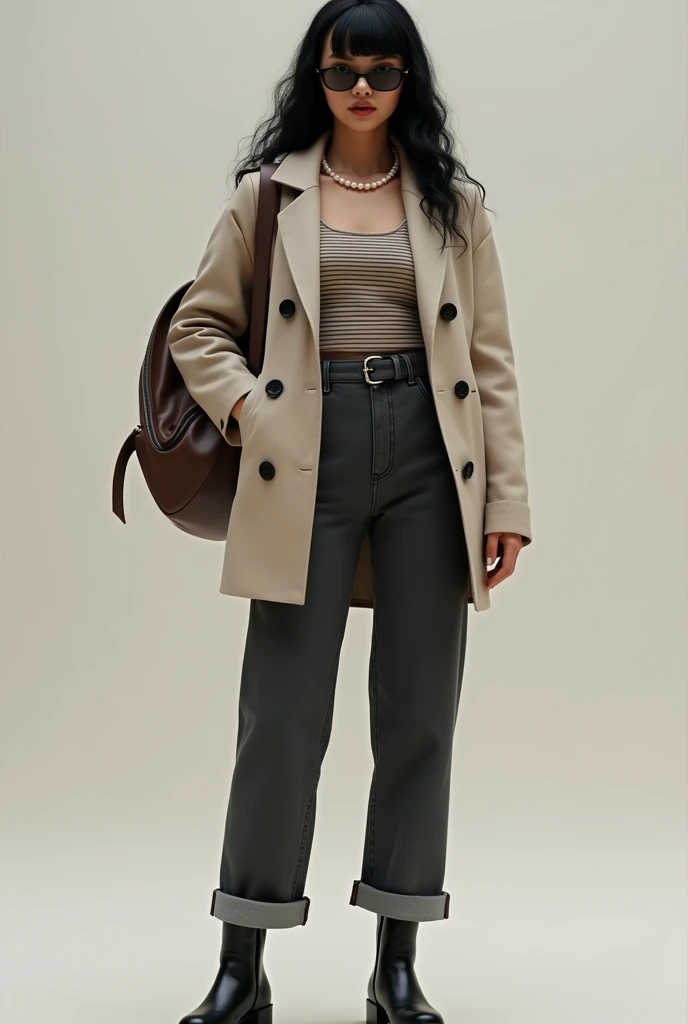 Girl 150 meters tall,wear black booties, thin striped shirt, classic neutral dark loose jeans, classic jacket, chocolate brown backpack, pearl chain, dark sunglasses, long curly black hair with medium bangs, light brown complexion, cock nose,dark brown eyes, measures 90,80,85.