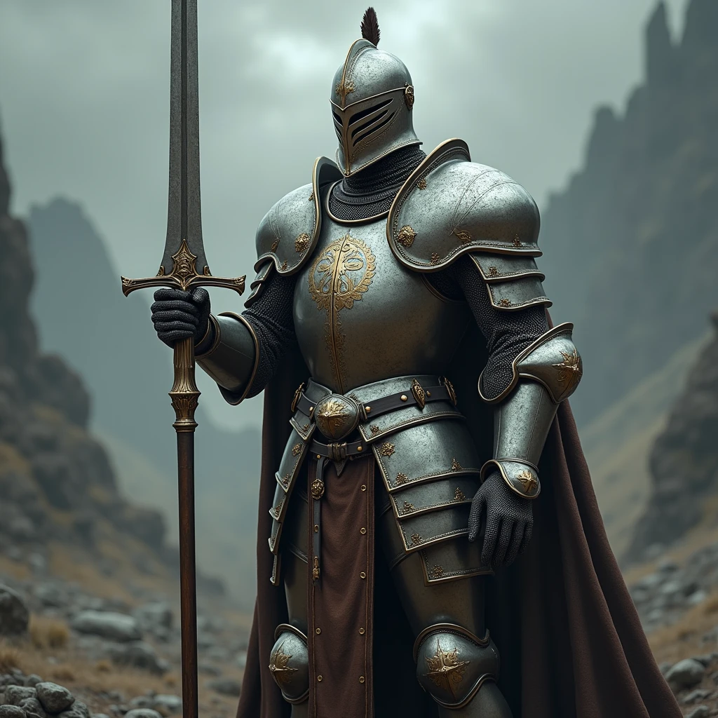 a knight in medieval super heavy armor, wielding a very long sword, medieval riding helmet