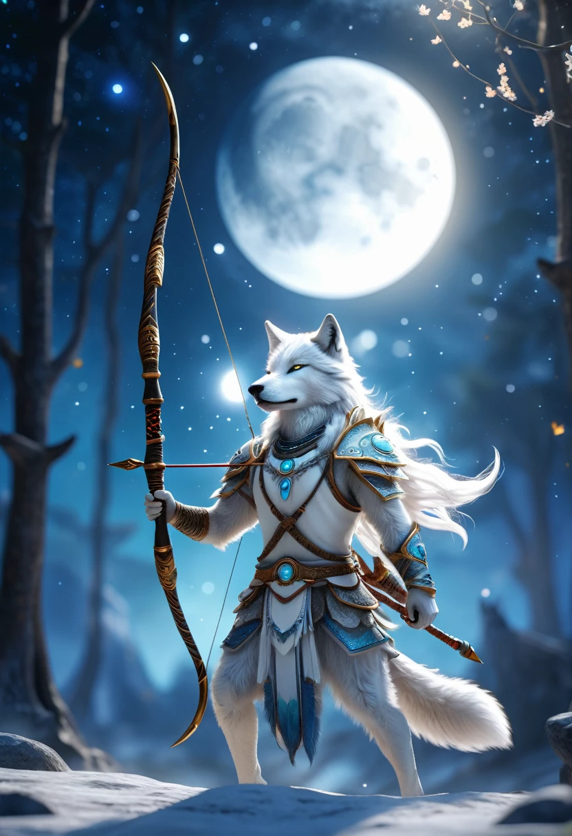 An magic archer moon god floating at the space, divine moon bow, divine aura, white wolf spirit, moon background, moon light, blurred background, DoF, Ultra detailed, 8k