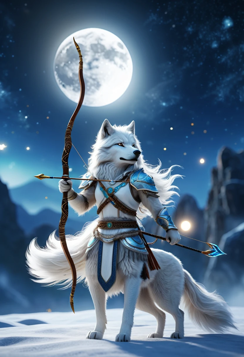 An magic archer moon god floating at the space, divine moon bow, divine aura, white wolf spirit, moon background, moon light, blurred background, DoF, Ultra detailed, 8k