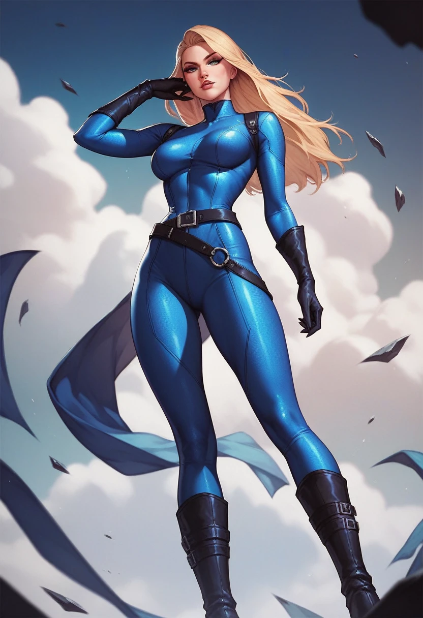 1girl, long blonde, delicate beautiful, blue bodysuit, black belt, black gloves, black boots, artgerm, fantastic four