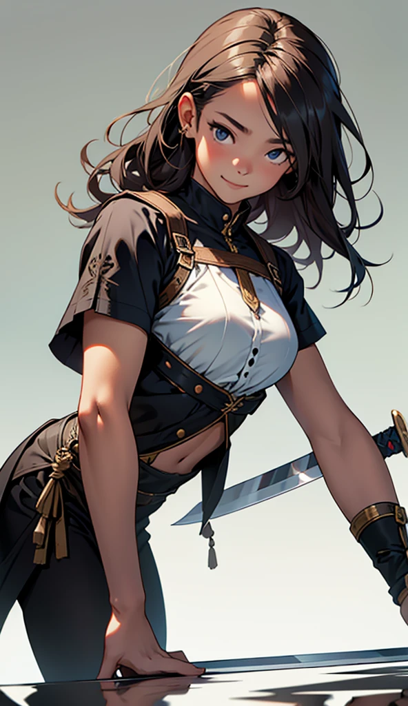Image of young girl being reflected in the blade of a sword1 , high resolution, longye hair, breastsout, laughter, simple background,