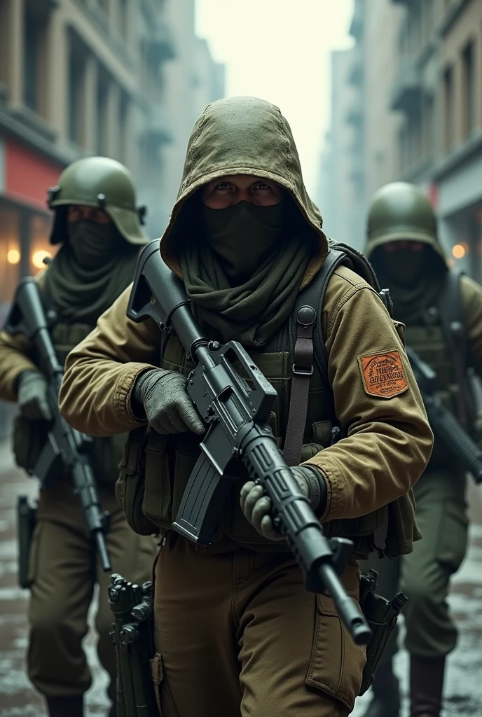 a group of armed rebel soldiers, detailed military uniforms, gritty urban environment, dramatic lighting, gritty photorealistic style, cinematic composition, high contrast, muted color palette, moody atmosphere, grunge texture, realistic weapons, intense facial expressions