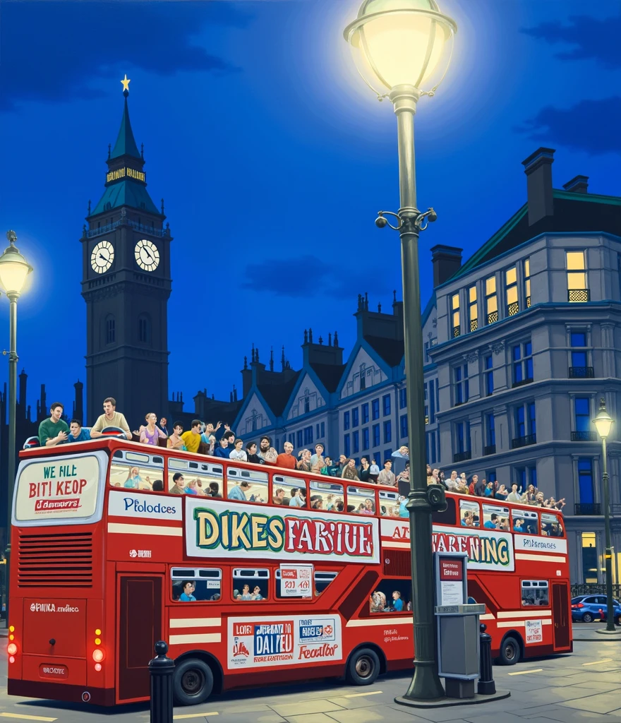 a double decker bus driving down a street at night with people on it's side and a lamp post in the background, extremely detailed oil painting, a photorealistic painting, photorealism, Dan Mumford