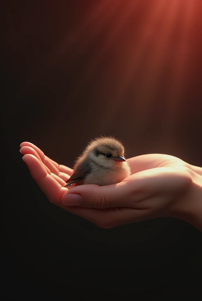 a hand holding a fragile bird on a dark background, all a bit reddish