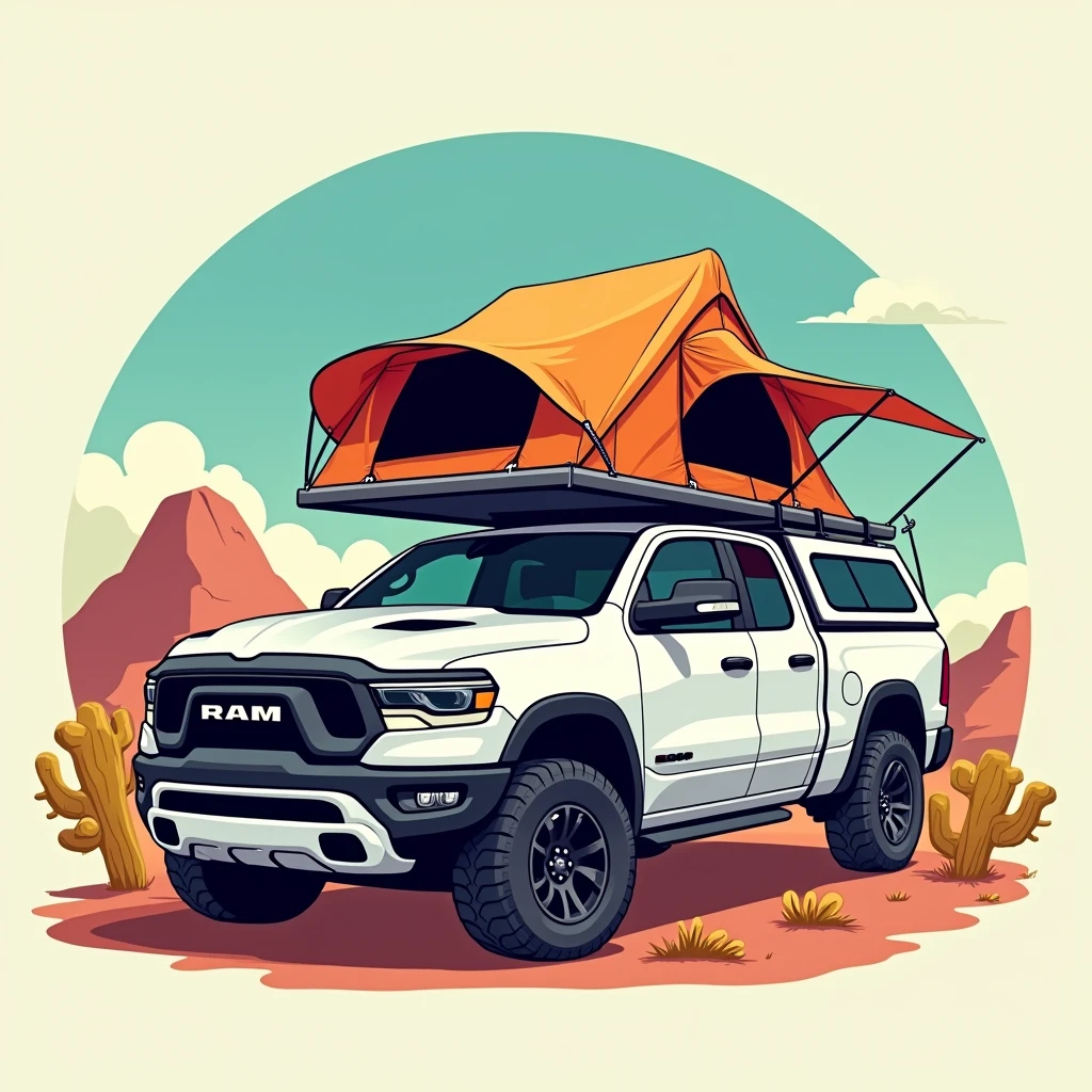 Create a cartoon style image of a white Dodge RAM pickup truck without a hardtop with an Eezi Awn pop-up roof tent directly on the bed, that opens backwards.