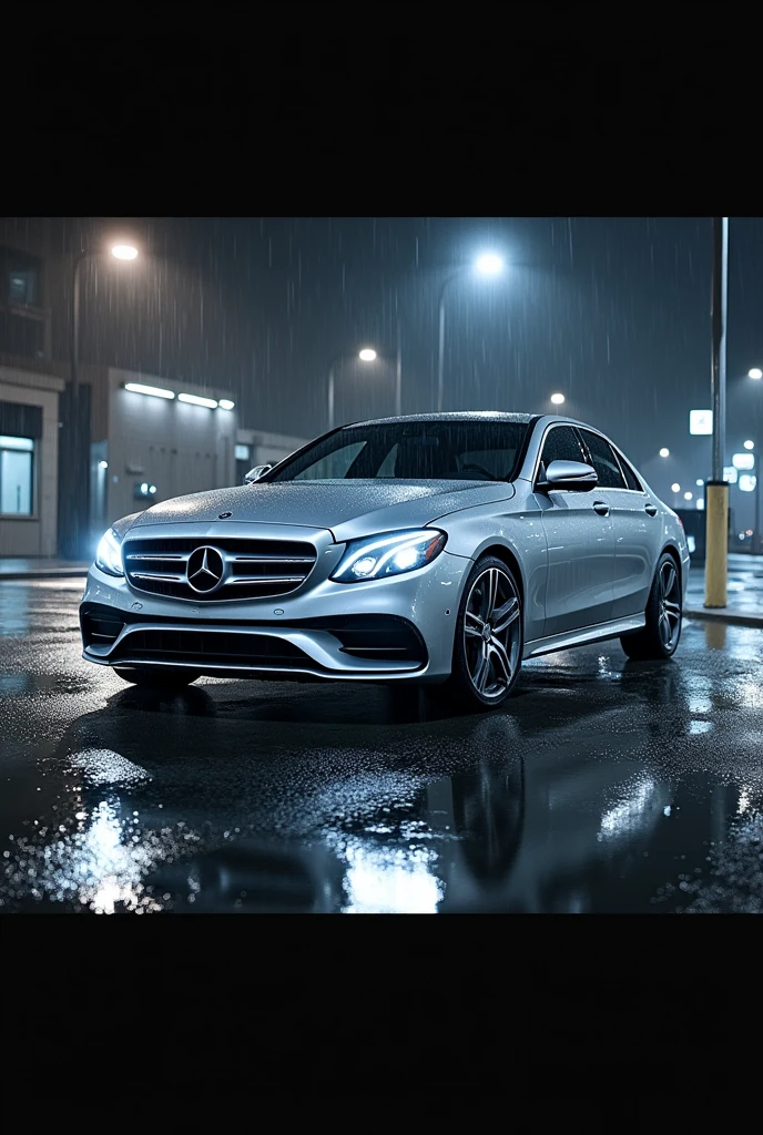 Mercedes benz w204 in silver with silver rims at night wirh rain 