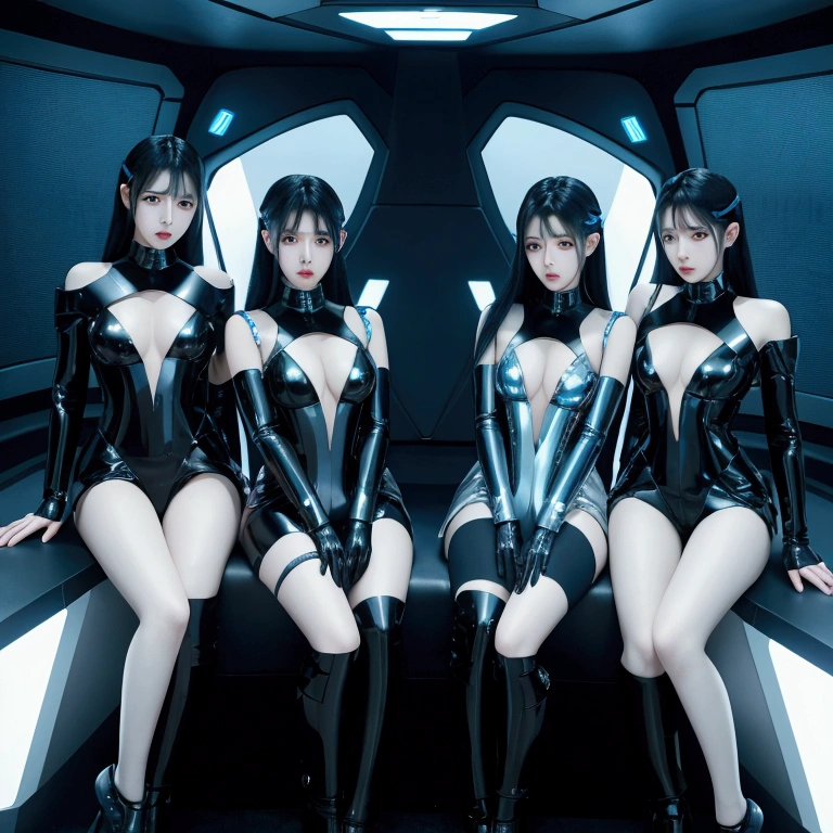 kpop 5 girl group futuristic, long black hair. Color theme: blue, silver and black, inside futuristic ship, long futuristic silver and black clothes, without sensuality 