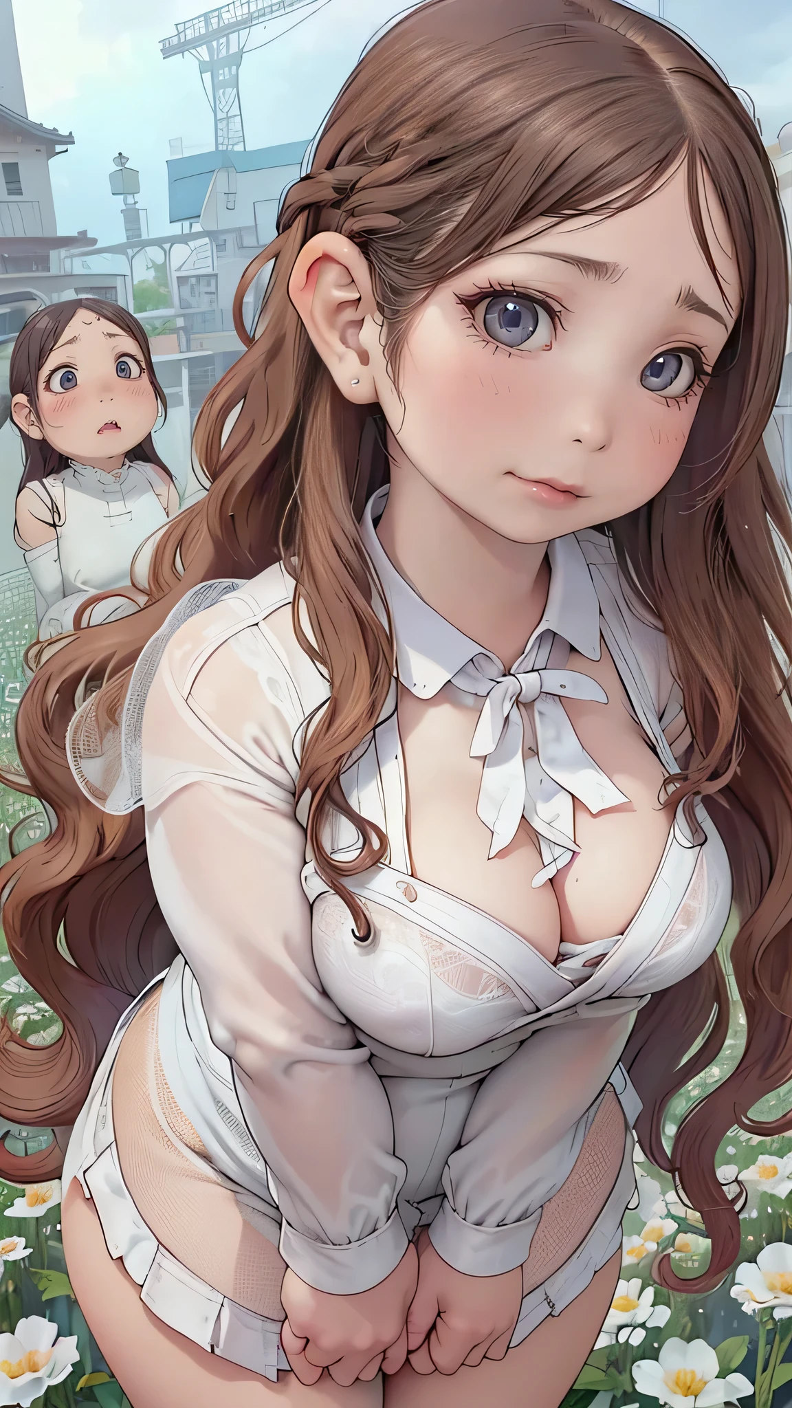 Realistic, masterpiece, highest quality, Highest Resolution, one Japanese high school girl, , Upper body photo, Looks sleepy, Spaced out, Mouth open, Beautiful and detailed eye drawing, (droopy eyes:1.3), Dark Eyes, Thin eyebrows, Carefully draw eyelashes, Eyelash extensions, Gal Makeup, Orange teak,  (White brown wavy hair with white mesh, long hair, middle part:1.3), (hidden creased eyelids:1.3), (Gothic school uniform:1.2), (The subject was photographed from above at an angle:1.3), (Flower Field:1.3), (Close up on face, Standing up and trying to grab the audience:1.5)