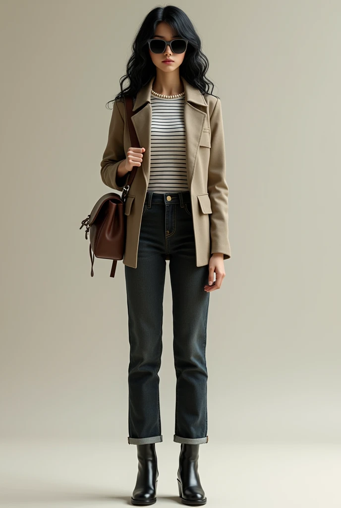 Girl 150 meters tall,wear black booties, thin striped shirt, classic neutral dark loose jeans, classic jacket, chocolate brown backpack, pearl chain, dark sunglasses, long curly black hair with medium bangs, light brown complexion, cock nose,dark brown eyes, measures 90,80,85.