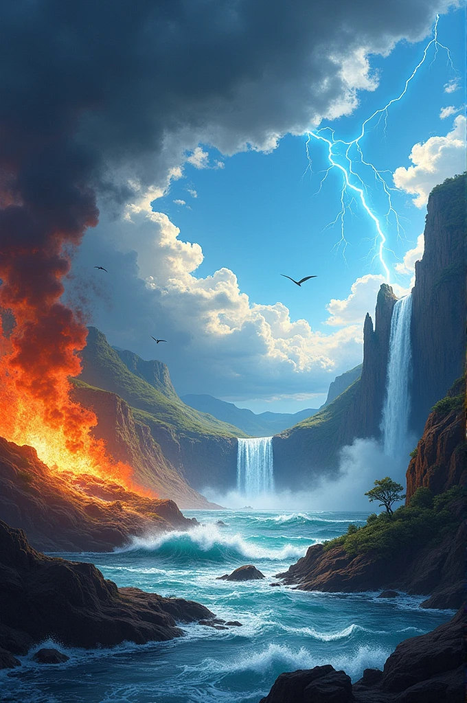 Create a horizontal image representing the four elemental kingdoms 1. **Kingdom of Lightning**: Dark clouds and lightning.
2. **Kingdom of Fire**: Flames and lava.
3. **Water Kingdom**: Oceans and waterfalls.
4. **Kingdom of Air**: Blue sky with clouds and birds.