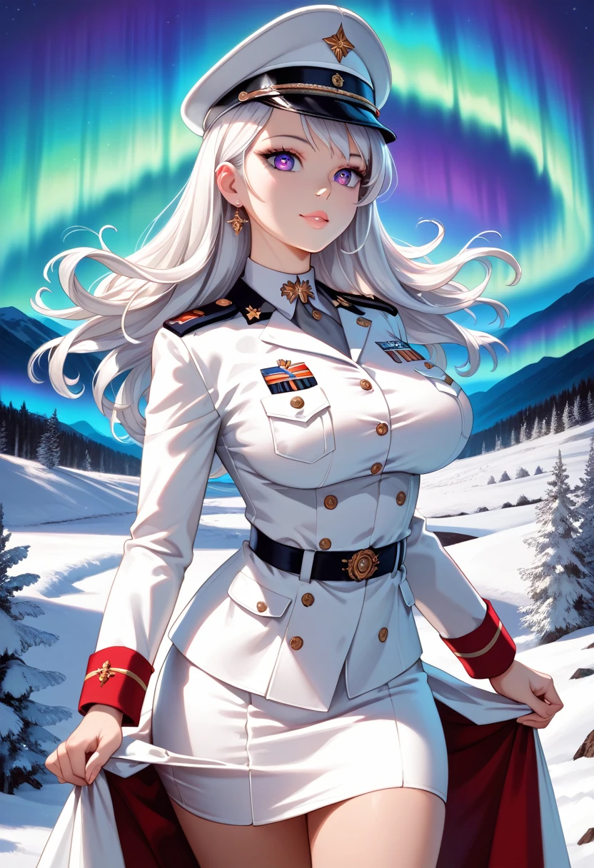 a girl, snow-covered landscape, midnight, stunning aurora, girl gazing at aurora, beautifully shaped modestly large breasts, slim waist, fair skin, beautiful, petite, slender figure, fine hair, beautiful hair, uniform, (cleavage:0.8), (((white army uniform))), skirt, (large breasts), army, warm coat, cozy, detailed face, mesmerizing eyes, captivating expression, artistic depth, emotional resonance, masterpiece, ultra high quality illustration, high resolution, 16k, delicate details, breathtaking background, (SuperQuality:1.2)