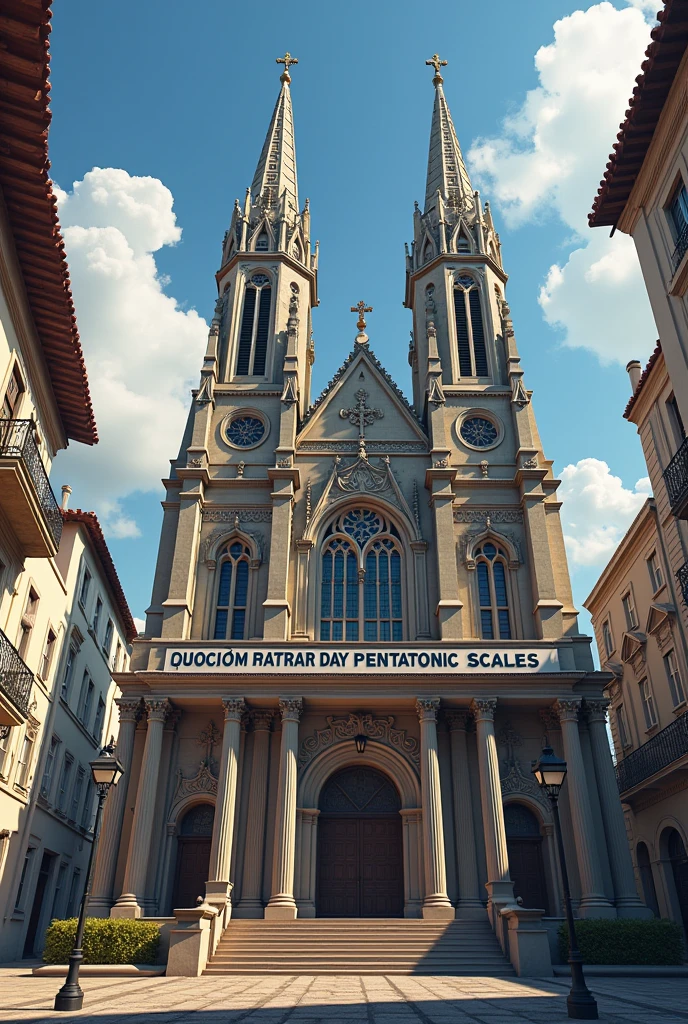 Create a church facade with the written sign, Church of the Latter-day Pentatonic Scales, in Portuguese