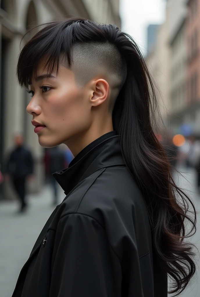 Short on the sides and top, with long layers in the back. This gives a contemporary twist to the classic mullet