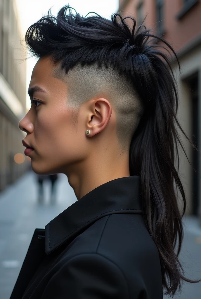 Short on the sides and top, with long layers in the back. This gives a contemporary twist to the classic mullet