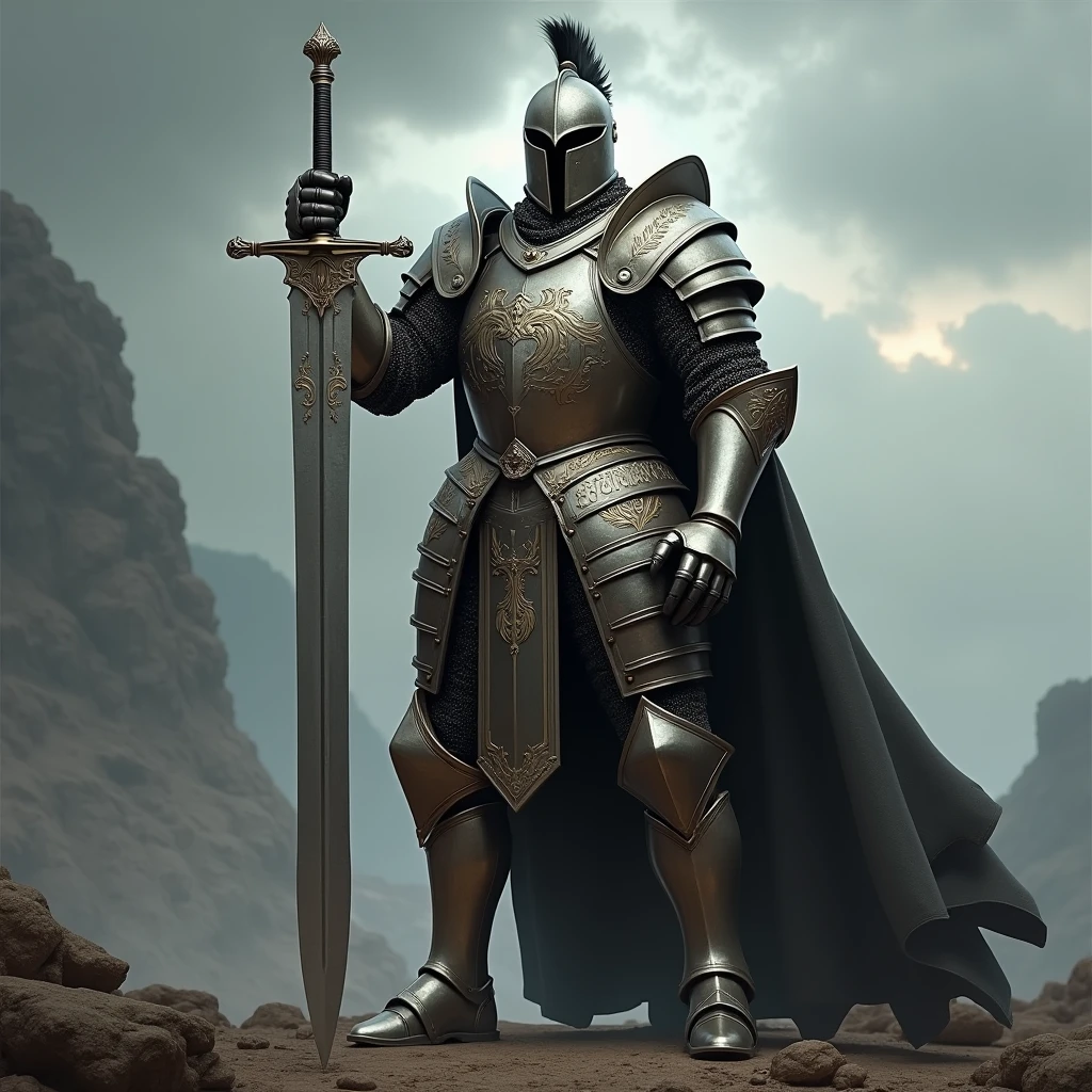 a knight in medieval super heavy armor, wielding a very long sword, medieval riding helmet