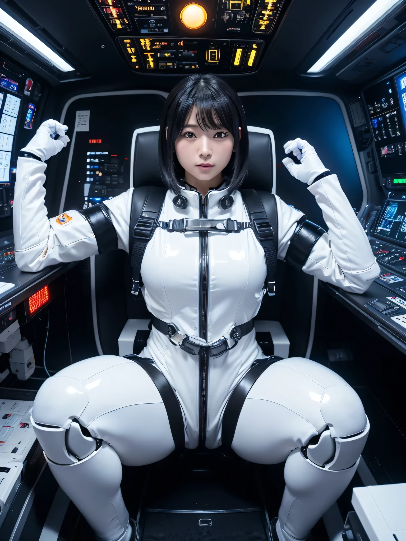 Japanese female android,Black Hair,He is securely fastened to his cockpit seat in a spacecraft by a thick harness.,Plump,Slightly thicker,Spread your legs,Squat,Shiny white robot suit,Robotic arms and legs,Surrounded by switches and monitors,