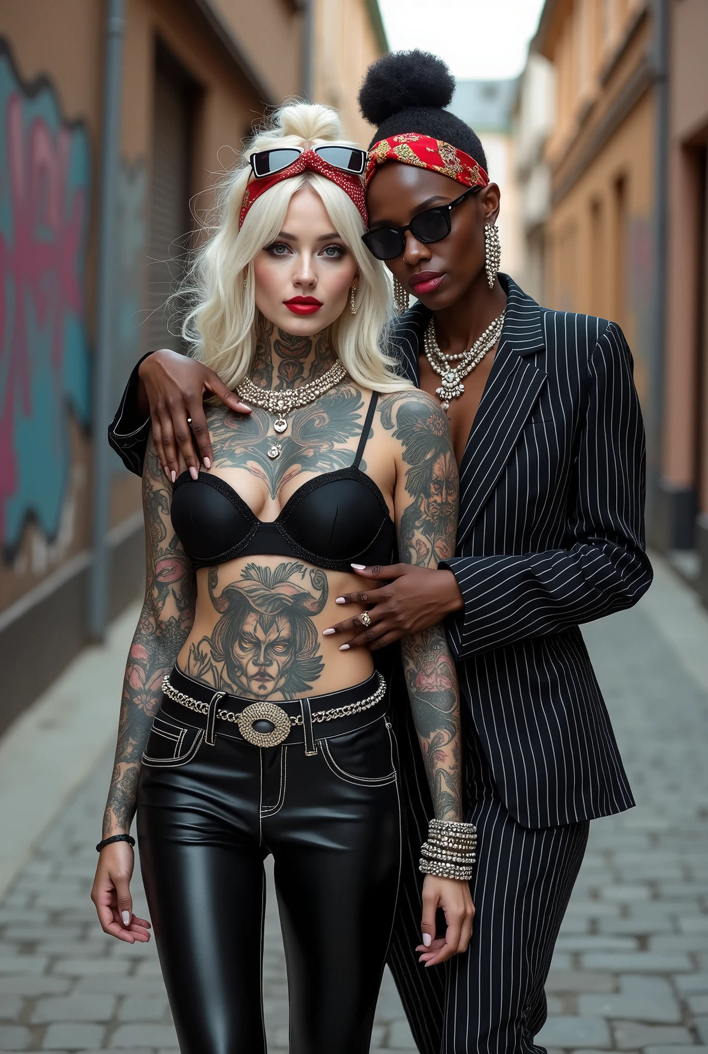 Two russian old milf women: the dominant aggressive dark skinned black woman in business pinstripe suit (jacket and trousers), black heeled shoeslong nails and afro hair, standing up with separated legs and possessive stance showing off her new white girlfriend to the camera (arm around her girlfriends' neck squishing her tightly, touching the neck of the white woman with her other hand, like a predator on her prey). Next to her, her white rich drunk girlfriend looks at the camera (white woman is very pale: pale face, pale neck, pale chest, pale arms, pale hands, pale stomach, pale leg), white woman stretches her neck and looks at the camera feeling overwhelmed by her girlfriend. white woman is shy and submissive, feeling dizzy and needy white woman is being seduced. White woman stands up on her tiptoes, White woman"s body is twisted and unstable, the hands of white woman in her pockets. with hands on her belt. White woman dresses in rock chic style: Black skinny leather low rise jeans with white seams, platinum blonde hair (pouf, top bun, wide colourful bandana as headband) and oversized square sunglasses as headband. Big lips with no makeup. Black studded leather push up bra, big breasts. Barefoot.. Lots of thick wide studded bracelets in the wrists of the white woman, big pearl necklaces around the necks of the white woman, and big rings, Pearl earrings. Wide loose studded belt with big solid buckle. Loose chains and studded belts around the hips of the white woman. White woman is lazy, leaning on her girlfriend.. The white woman is densely tattooed on neck, tattoed chest, tattoed arms, tattoed stomach, tattoed legs, wrists and feet. White woman has well Toned abdominals, thin neck, slim legs and thin arms. White woman has Narrow hips and noticeable tigh gap. The body of the white woman is twisted in a lazy posture. Full body. On a narrow street with graffitied walls