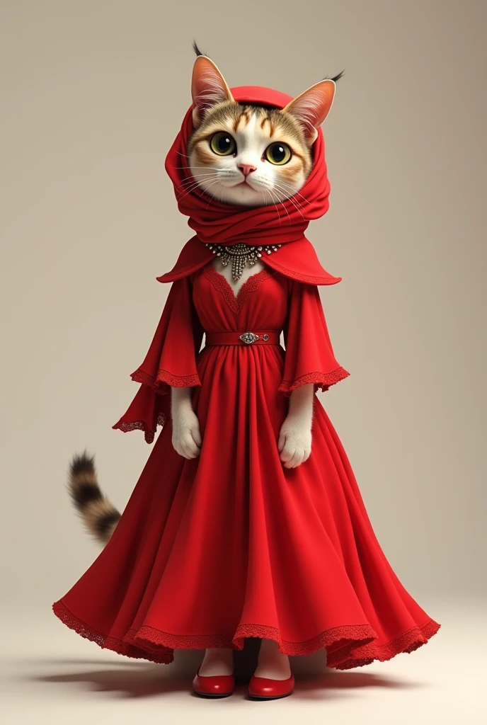 Ek Billi jisne red color ki frock aur sir per dupatta le aur jewellery pahani ho aur paon mein jute aur khubsurat ho