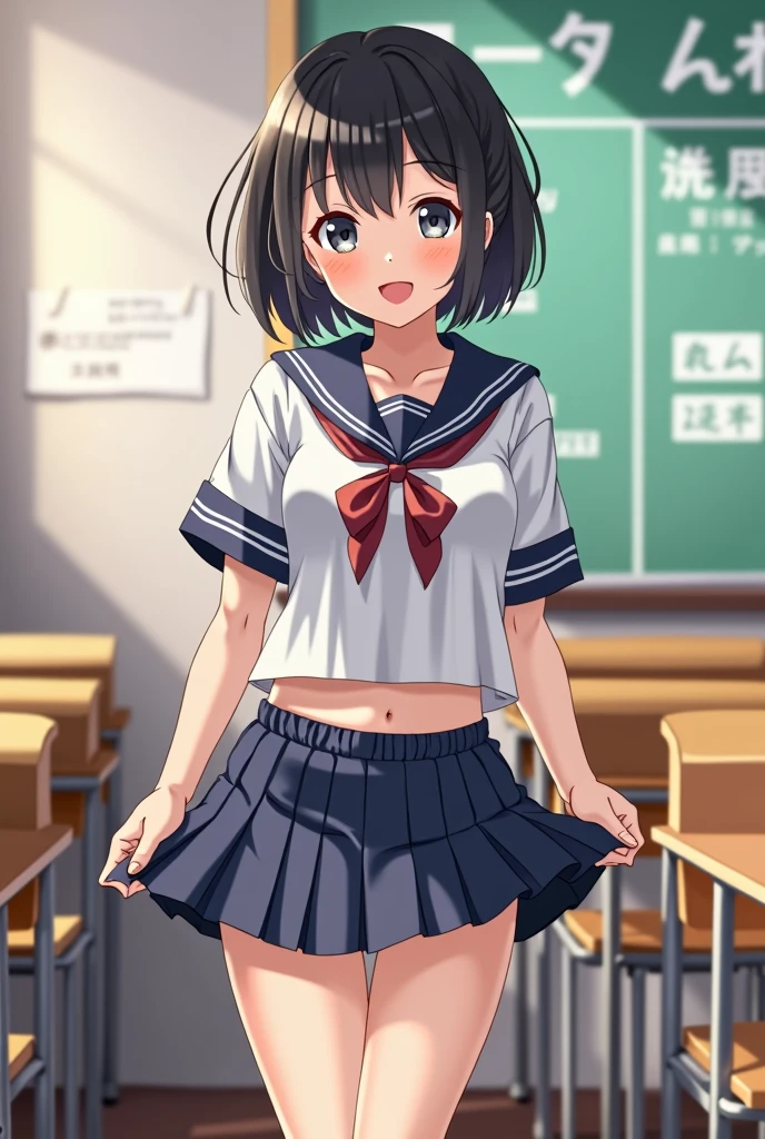 In a Japanese school classroom、A cute high school girl with short black hair、I pull up my skirt、No underwear on at all、The pussy is completely visible。