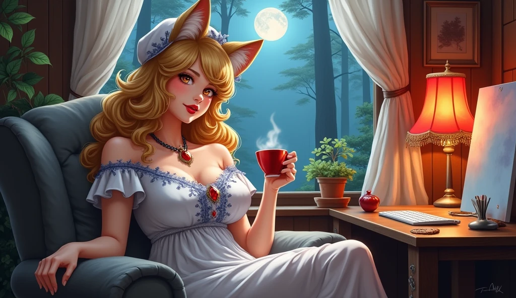 (oil canvas:1.2), a relaxed, busty semi realistic anime woman with fox ears and tails, curly blonde hair, red lips and orange eyes. she wears a bonnet, a white dress with embroidery laces and blue details and a red gem necklace. she sits on a comfy chair drinking tea and cookies, next to her studio desktop with a red lamp and unfinished canvas paintings around, inside her cabin in the deep of a magical forest. the 2 moons moonlight get through the curtains