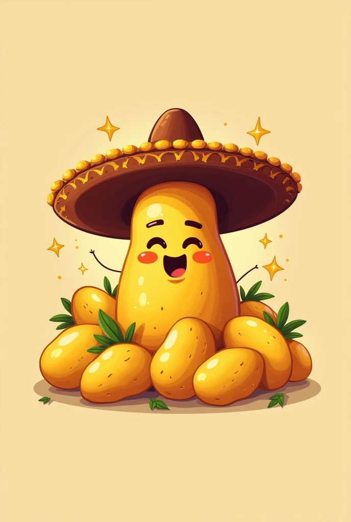 A logo for a golden potato business with a potato wearing a charro hat and golden potatoes around it