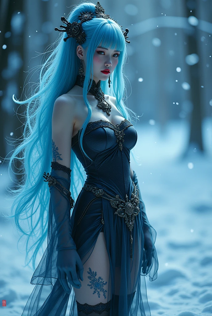 ((masterpiece, highest quality, Highest image quality, High resolution, photorealistic, Raw photo, 8K)), ((Extremely detailed CG unified 8k wallpaper)), (huge stunning goddess shot, very hot and sexy, jaw-dropping beauty, perfect proportions, beautiful body, slim body beauty:1.4), Chinese girl, A girl dressed a skirt dress stands in the snow, wearing a black mini-skirtdress, at night, Magical effects around, Effect of water flowing in the air, tattoo, sky blue hair, red lip, Stockings, high