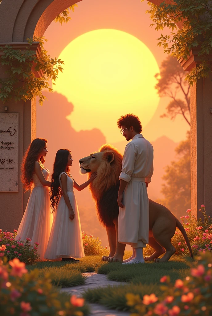 Wonderful shining sunset, with beautiful flowers in a vast and splendid Garden.
03 people in this image.
little white, long black hair, white gown brincando com um Leão.
tall white woman, Long curly blonde hair, white gown.
tall white man, curly black hair, sem beard, transparent blue glasses, white outfit.
Stone name plate: Happy Saturday.
Large stone engraved with the name HAPPY SATURDAY!
4k realism