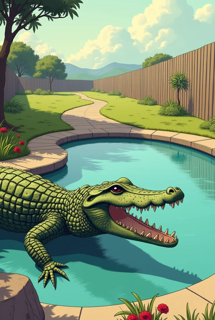 A crocodile with a pool and a fence with grass in the background, like the GTA VI cover, 2d type and with a thin path to the objects, as if it were a drawing, that the most visible thing is the crocodile