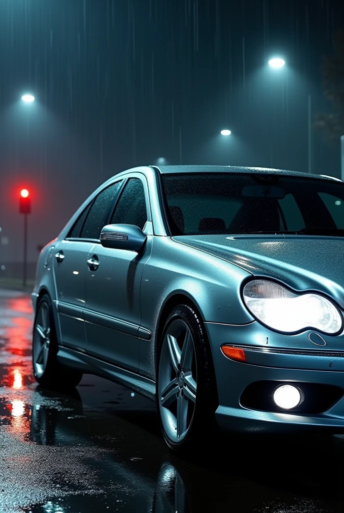 Mercedes benz c class 2005 in silver with silver rims at night wirh rain