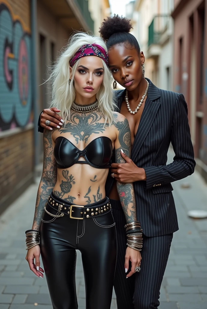 Two russian old women: the domiggressive dark skinned black woman in business pinstripe suit (jacket and trousers), black heeled shoeslong nails and afro hair, standing up with separated legs and possessive stance showing off her new white girlfriend to the camera (arm around her girlfriends' neck squishing her tightly, touching the neck of the white woman with her other hand, like a predator on her prey). Next to her, her white rich drunk girlfriend looks at the camera (white woman is very pale: pale face, pale neck, pale chest, pale arms, pale hands, pale stomach, pale leg), white woman stretches her neck and looks at the camera feeling overwhelmed by her girlfriend. white woman is shy and submissive, feeling dizzy and needy white woman is being seduced. White woman stands up on her tiptoes, White woman"s body is twisted and unstable, the hands of white woman in her pockets. with hands on her belt. White woman dresses in rock chic style: Black skinny leather low rise jeans with white seams, platinum blonde hair (pouf, top bun, wide colourful bandana as headband) and oversized square sunglasses as headband. Big lips with no makeup. Black studded leather push up bra, big breast.. Lots of thick wide studded bracelets in the wrists of the white woman, big pearl necklaces around the necks of the white woman, and big rings, Pearl earrings. Wide loose studded belt with big solid buckle. Loose chains and studded belts around the hips of the white woman. White woman is lazy, leaning on her girlfriend.. The white woman is densely tattooed on neck, tattoed chest, tattoed arms, tattoed stomach, tattoed legs, wrists and feet. White woman has well Toned abdominals, thin neck, slim legs and thin arms. White woman has Narrow hips and noticeable tigh gap. The body of the white woman is twisted in a lazy posture. Full body. On a narrow street with graffitied walls