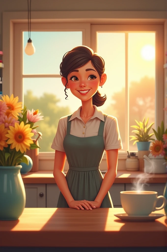 A housewife says good morning in the kitchen with a smile