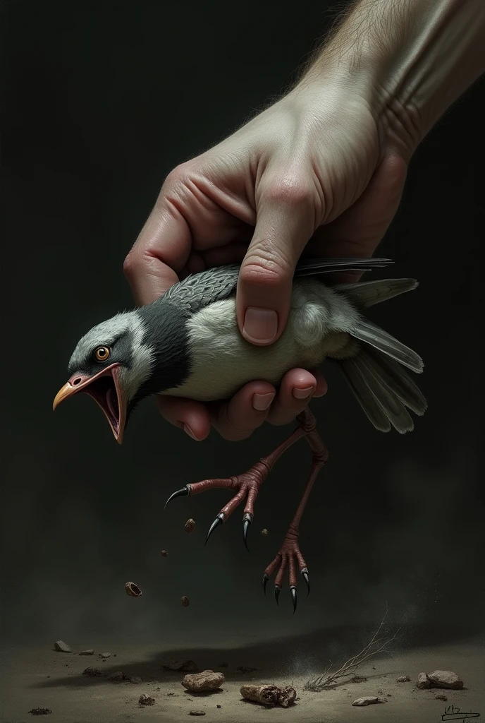 a hand holding and squeezing a bird by the neck on a dark background,