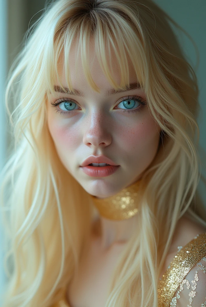 blue colored eyes, outlined, The makeup is also eco kawaii., blonde hair long, bangss, thin and blond eyebrows, pale skin, pretty, princesselise, , Surreal beauty, gold dress