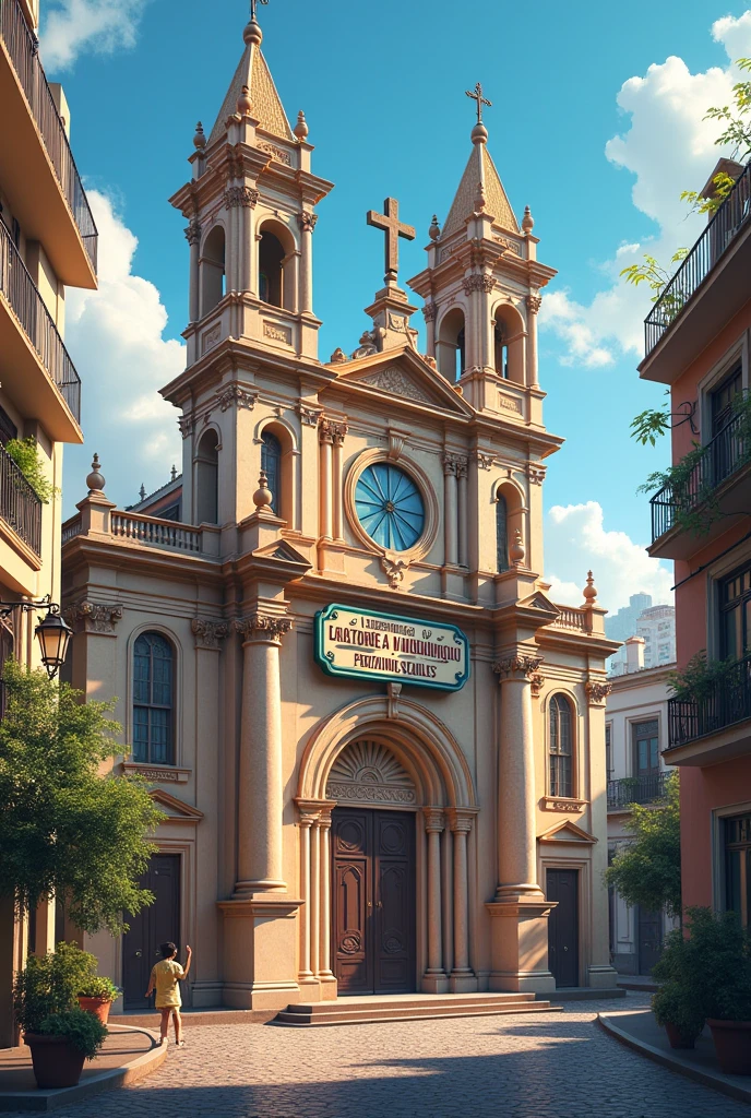 Create a church facade with the sign written in Portuguese, Church of the Latter-day Pentatonic Scales