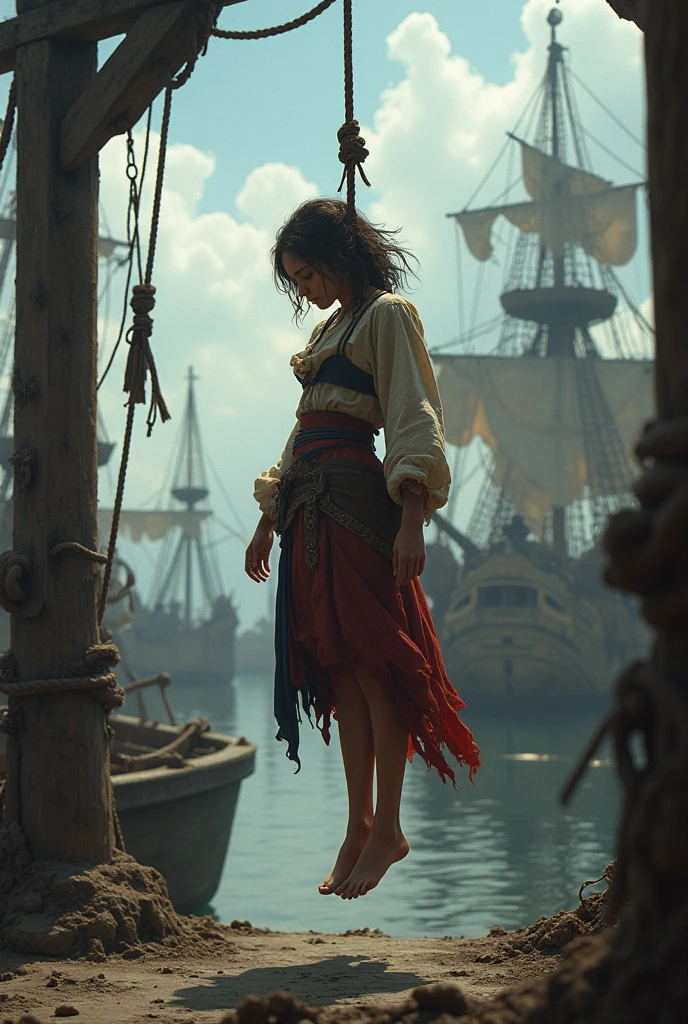 A pirate girl is executed by hanging in the pirate era. She is barefoot and in a poor ripped clothing.