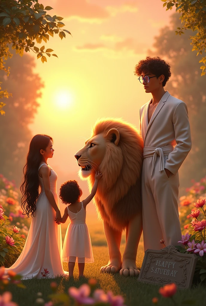 Wonderful shining sunset, with beautiful flowers in a vast and splendid Garden.
03 people in this image.
little white, long black hair, white gown brincando com um Leão.
tall white woman, Long curly blonde hair, white gown.
tall white man, curly black hair, sem beard, transparent blue glasses, white outfit.
Stone name plate: Happy Saturday.
Large stone engraved with the name HAPPY SATURDAY!
4k realism