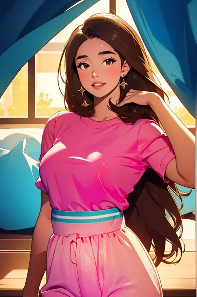 Fullbody portrait of Pokimane, Pokimane on Twitch, Instagram Pokimane, 1girl, tiktok model, she has a slight tan, brown hair, brown eyes, side bangs, cute hair style, realistic hair, medium long hair, straight hair, golden tan, smooth skin, youthful, teen girl, young, cute, flawless face, small head to body ratio, small head, small face, young face, cute features, thick eyebrows, flawless skin, big upper lip, lip filler, wide lips, duck-like lips, duck shaped lips, plump lips, wide lower body, big lower body, long legs, thick thighs, wide hips, well developed hips, big hip bone, wide thigh gap, round plump breasts, short in height, short upper body, wearing girly clothes, colorful clothes with logo, tight clothes, matte textured clothing, seductive, promiscuous, dynamic pose, high quality portrait, artwork, masterpiece, high resolution, 8k