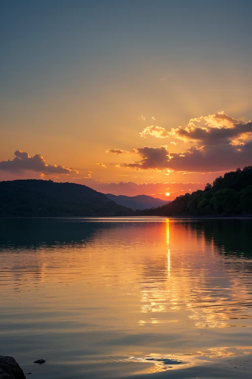 sunset, Manga style, lake, boat、