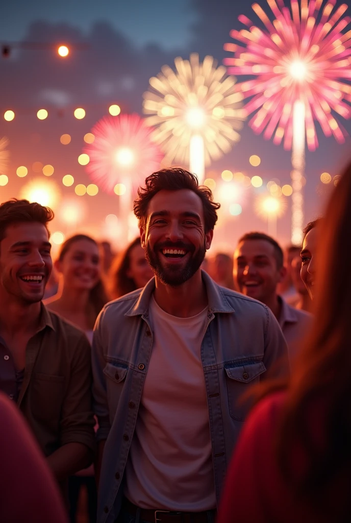 A smiling man surrounded by several others looking happy。In the background, fireworks are going off at a party venue.