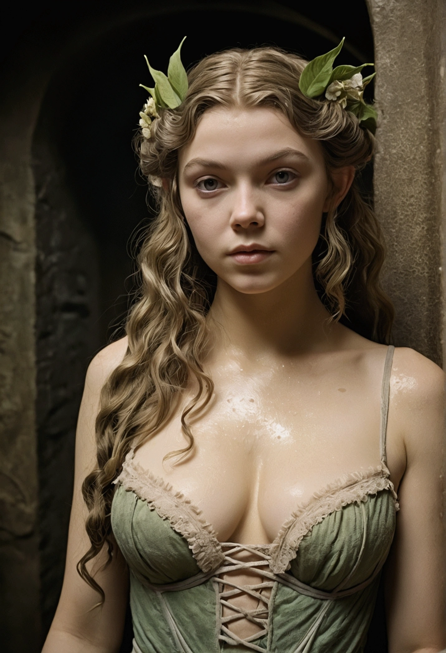 1910s analog film photograph, colorized photo of an elven maiden, 18-years-old, amazonian stature, athletic hourglass figure, busty bosom, narrow waist, full wide hips, big round buttocks, wearing a lacey bralette and frilly bloomers, warm almond complexion, pointy elf ears, dark hair, wild voluminous curls, resembles Margaery Tyrell, posing in steamy subterranean bathhouse, damp clothes, wet skin, dripping matted hair, RAW Photograph, dslr, soft lighting, high quality, film grain, Fujifilm XT3, detailed skin with visible pores, insane details, masterpiece, 8k, faded film, desaturated, grainy, vintage, Lomography, stained, highly detailed, found footage, close-up shot, long elven ears