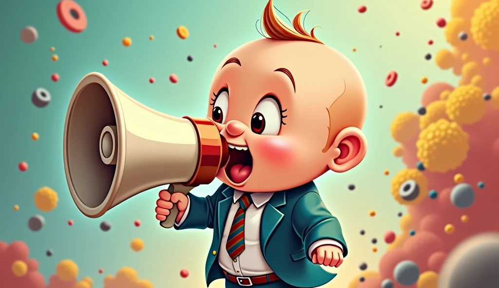 A baby in a suit holding a megaphone in catoon