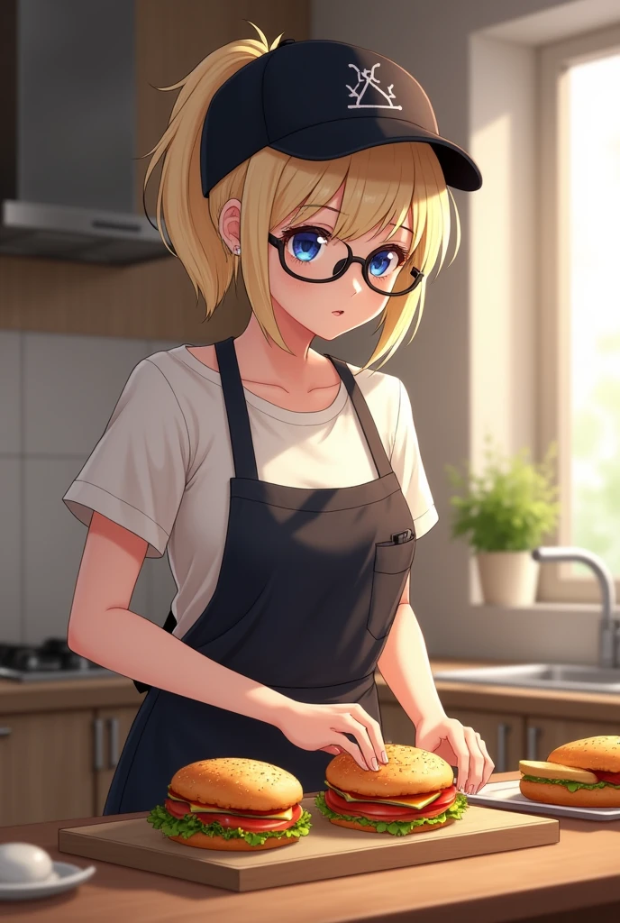 Fille qui a les cheveu blond platine court attachés en queue de cheval avec une casquette noir et aux yeux bleu et lunettes noir entrain de faire un croque monsieur