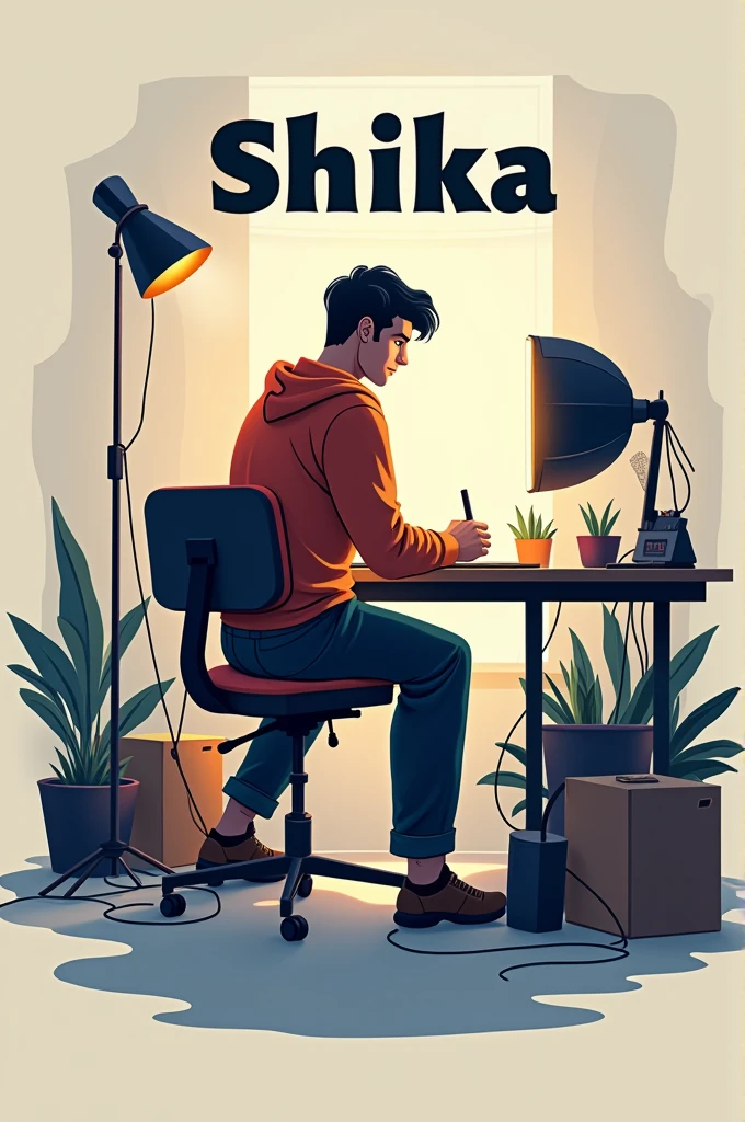 make a logo with a man setting his studios put shiika