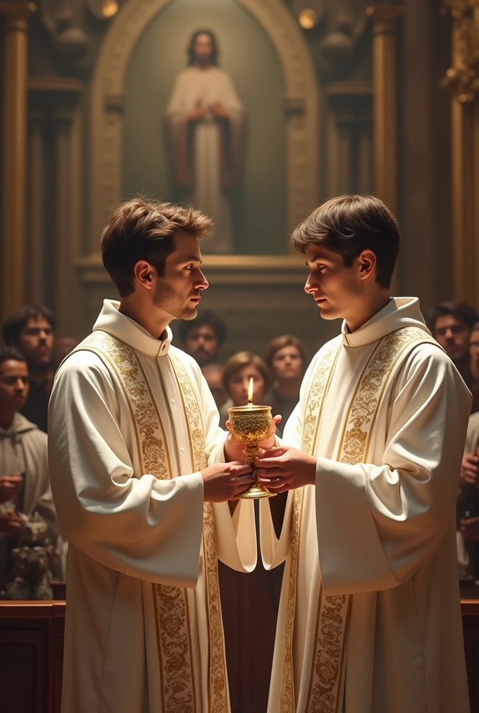 high quality real image of a 2 man, of the branca tunic, distributing the Eucharist (minister of communion)