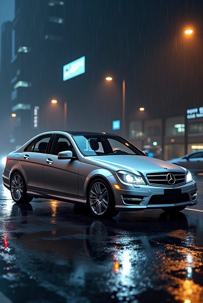 Mercedes benz c class 2007 in silver with silver rims at night wirh rain