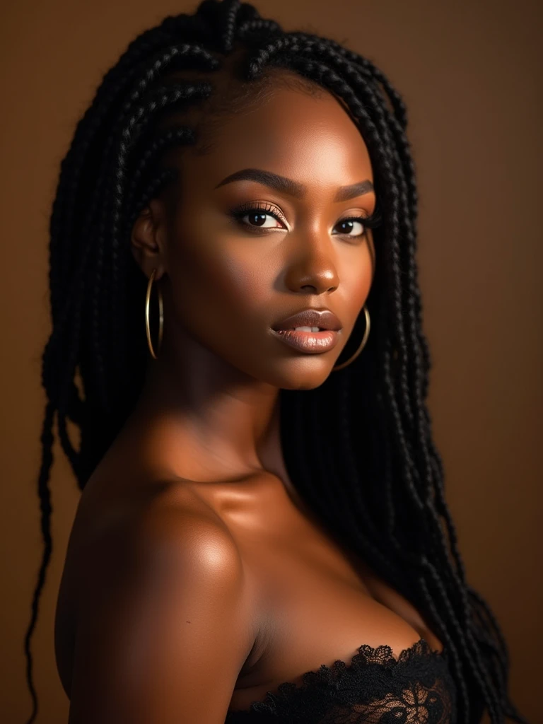 (masterpiece, best quality), dark ebony 1girl, beautiful face, brown eyes, thin body, fair skin, soft akin, beautiful, perfect body, small breasts, young, 1 girl, hoop earrings, cute face, cute pose, micro braids, blonde hair, dark brown skin, skinny body,porn nude nacked 