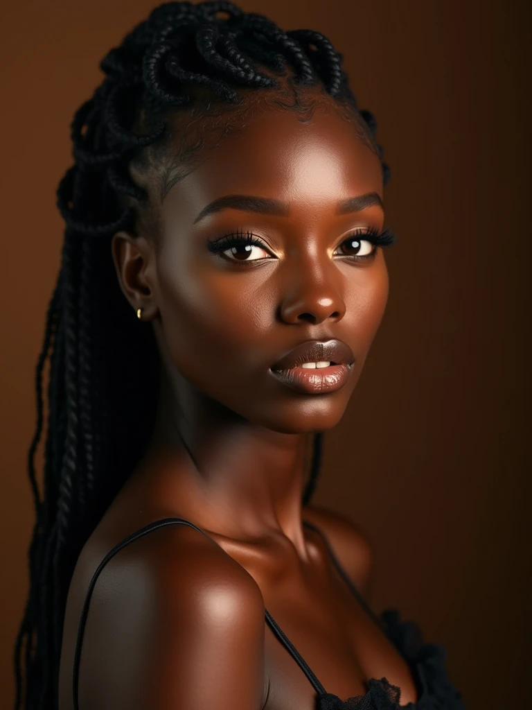 a black woman with deep brown skin. She has a radiant complexion and her hair is styled in intricate braids that cascade down her back. The woman's makeup is meticulously done, emphasizing her eyes and lips. She wears a black lace top, and the background is a muted brown, creating a warm ambiance. The lighting highlights her facial features, especially her cheekbones and nose, giving her a glowing appearance.