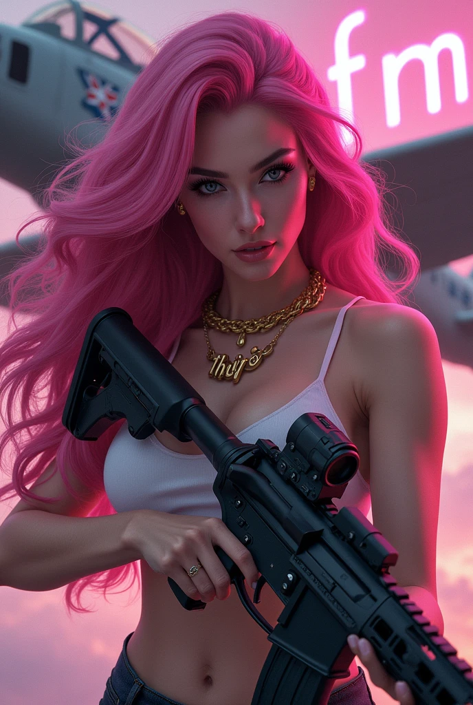 1 woman with exuberant beauty, With long hair, vibrant pink wavy hair, with a rifle in his hand and looking at the viewer with piercing eyes. Behind her is an Air Force fighter plane and some pink details and a lighted sign that says “FMS”. The woman has a gold collar around her neck that says “THAY”