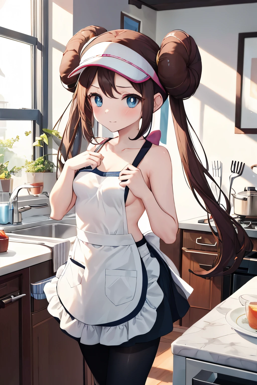 apron, kitchen, Show me your side, Newly Married, heart, 14yo, shy, Sideboob, ((Small breasts)), masterpiece, highest quality, High resolution, ro1, Hair Bun, Blue eyes, Twin tails, Visor Cap, pantyhose, NUDE, Black Stockings, 